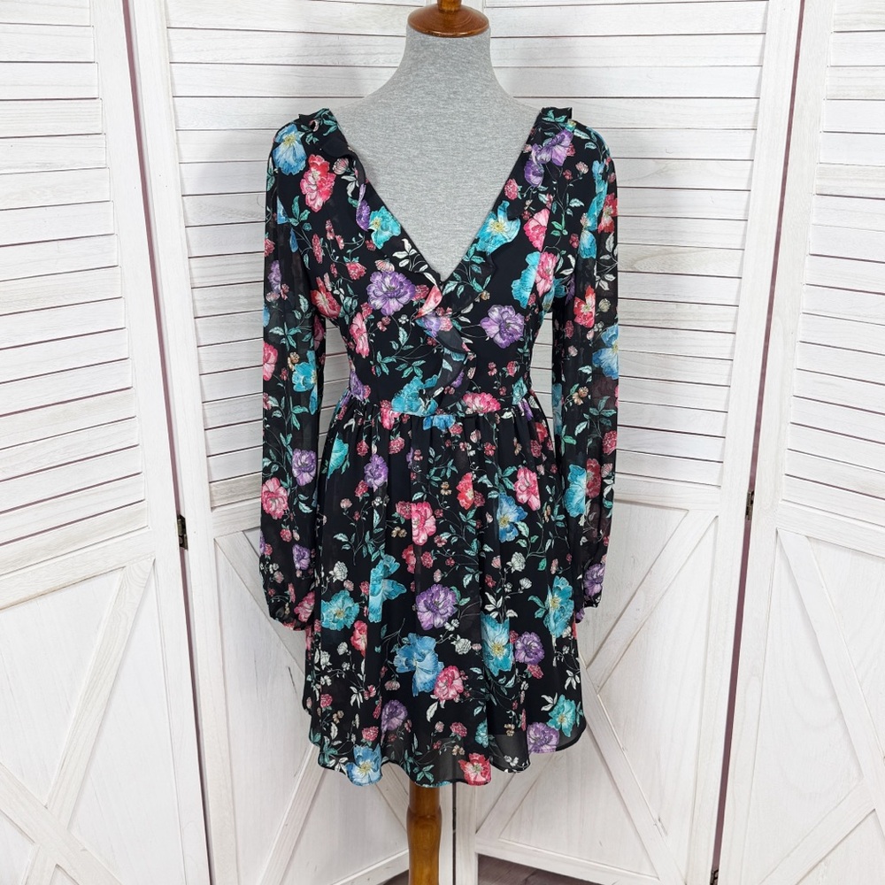 Express Floral V Neck Ruffle Trim Chiffon Skater Mini‎ Dress Black Multi 8